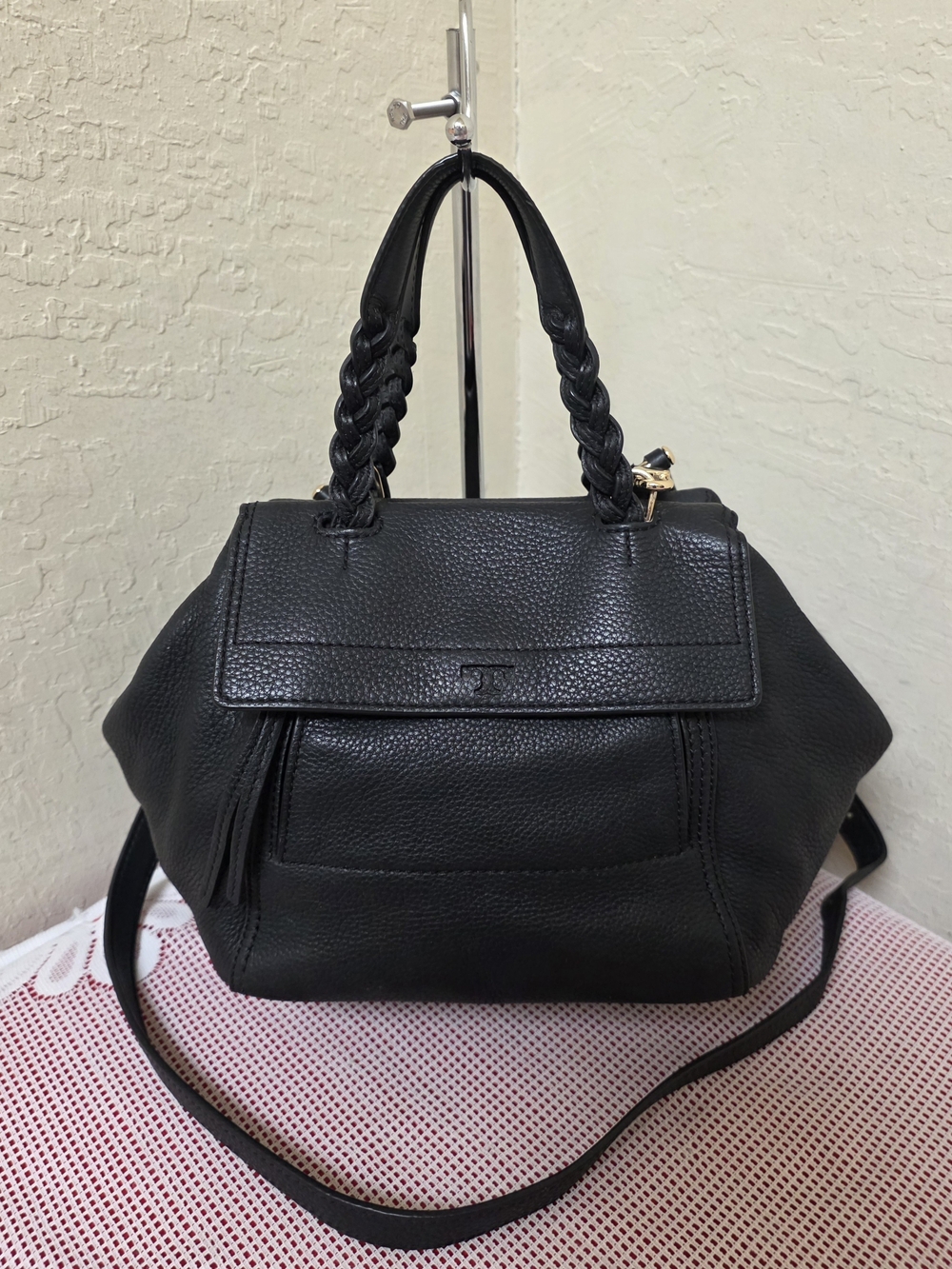 Tory Burch Black Leather Handbag With Long Handle Satchel